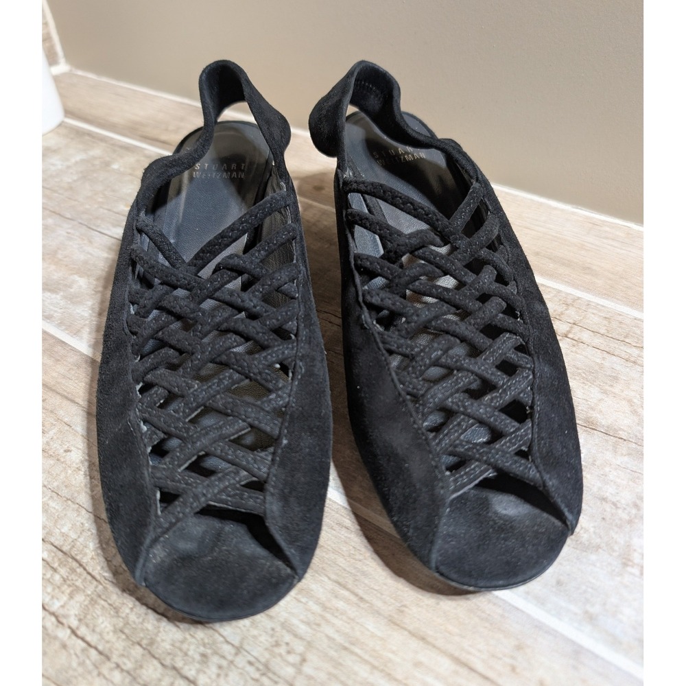 Stuart Weitzman Black Suede Woven Slingback Peep Toe Wedge Heels 9.5N